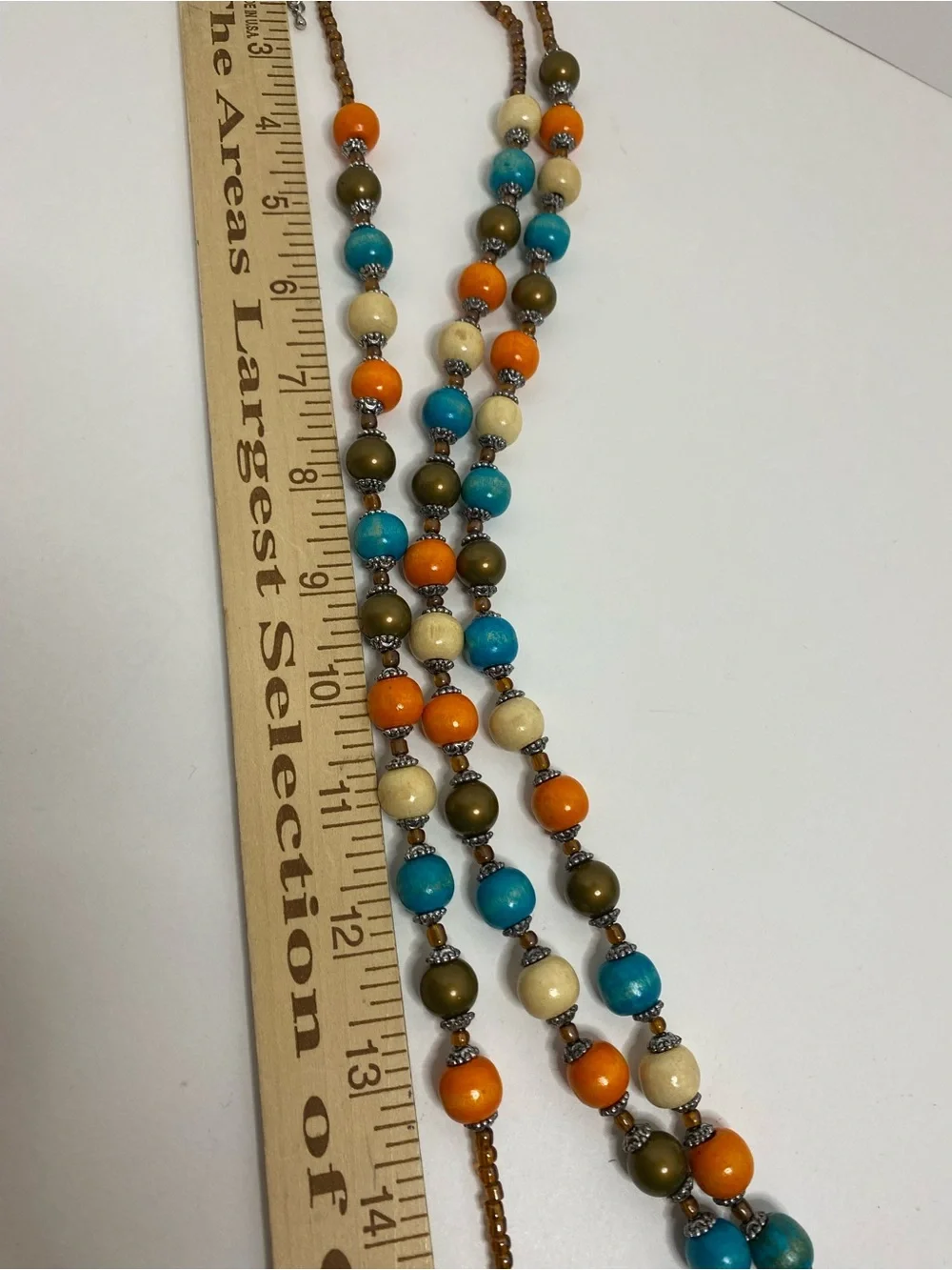 Wood Bead Multi Strand Necklace Boho Orange Blue Green Cream Artisan Handmade